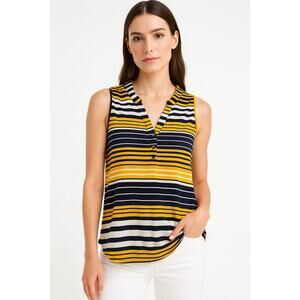 Navy Blue & Yellow Striped Henley Tank Top – Size XL